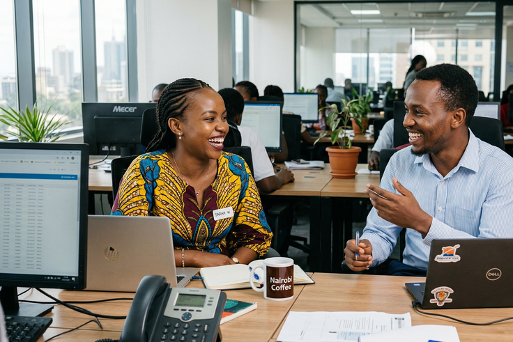 An AI-generated image of a man and woman talking and laughing in the office