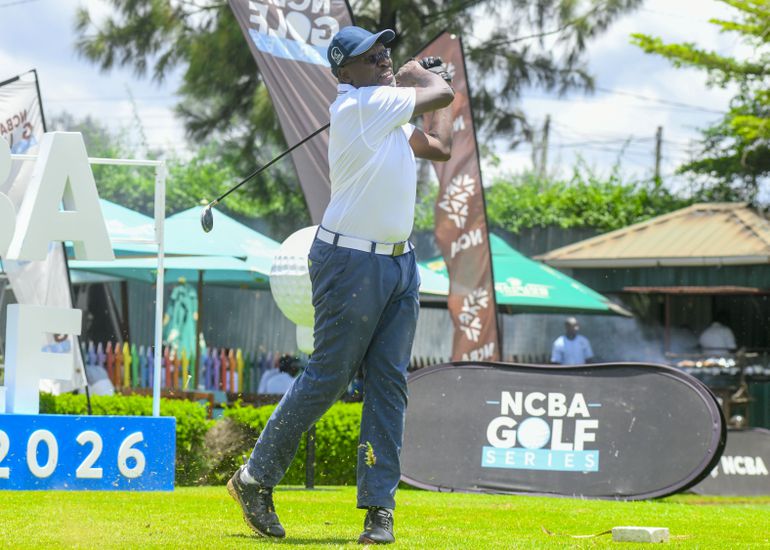 Charles Omondi, NCBA Director, Corporate Banking tees off during the NCBA Golf Series at Kenya Railway Golf Club