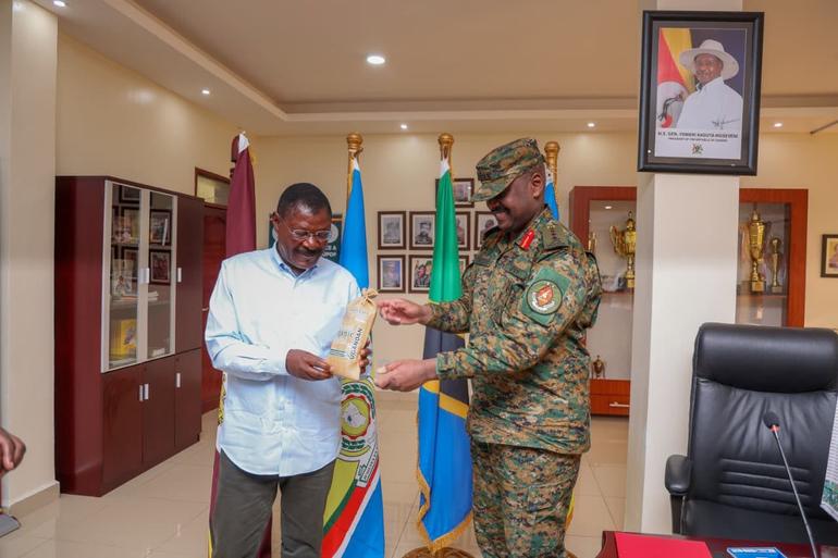 General Muhoozi gifts the Speaker of the National Assembly Moses Wetangula during a courtesy call by EAC Bureau of speakers on December 08th, 2025 (Image: Files)