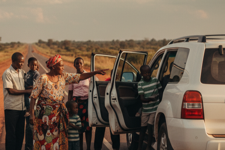 An AI-generated image depicting a family entering a car