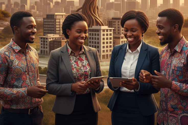 An AI-generated image of a vibrant group of young professionals collaborating and sharing ideas in a dynamic city setting.