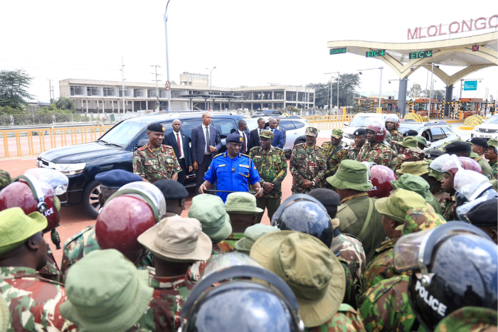 Inspector General of Police Douglas Kanja addressing officers in Mlolongo