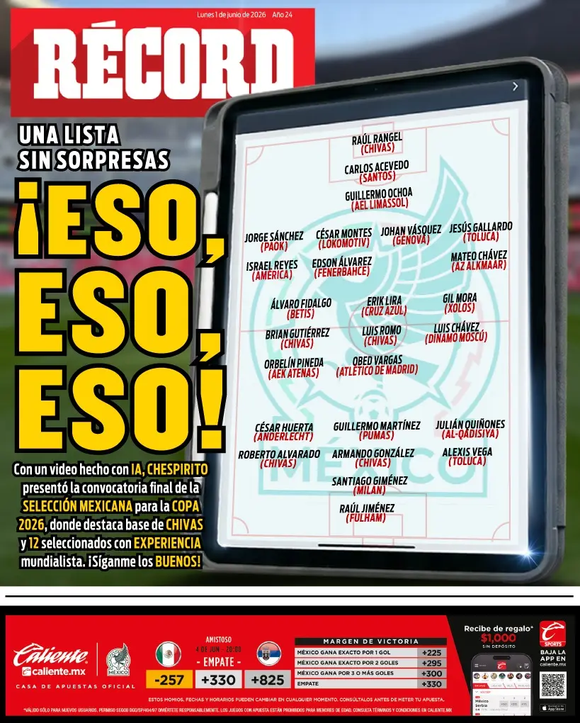 Portada RÉCORD 1 de junio de 2026