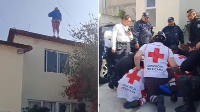 VIDEO: Policías rescatan a mujer que se lanzó de la azotea de su casa en Metepec
