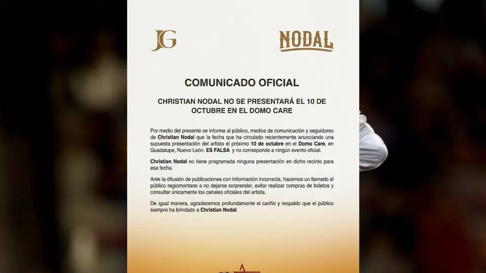 El texto precisó que Nodal “no tiene programada ninguna presentación en dicho recinto para esa fecha”./nodal