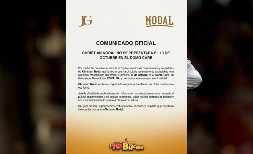 El texto precisó que Nodal “no tiene programada ninguna presentación en dicho recinto para esa fecha”./nodal