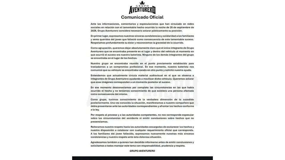 Grupo Aventurero aclaró que Rubén Rovira era el único integrante que estaba en el vehículo al momento de los hechos./ X: @BarriosDurospty