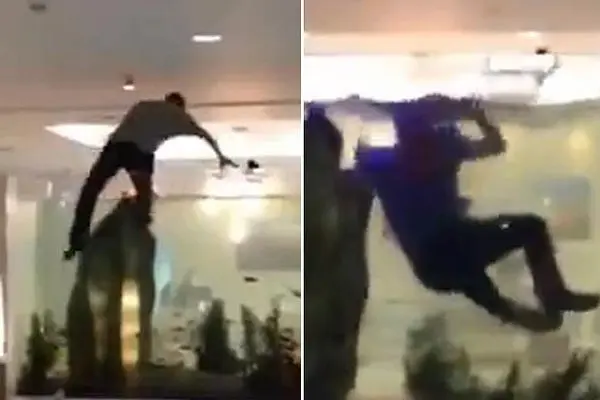 Bromista se echa chapuzón en la pecera de famoso hotel
