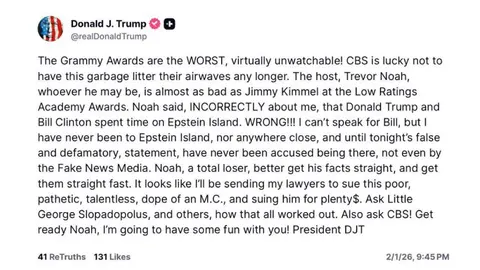 Este fue el mensaje que publicó Trump después de los Premios Grammy/Truth Social