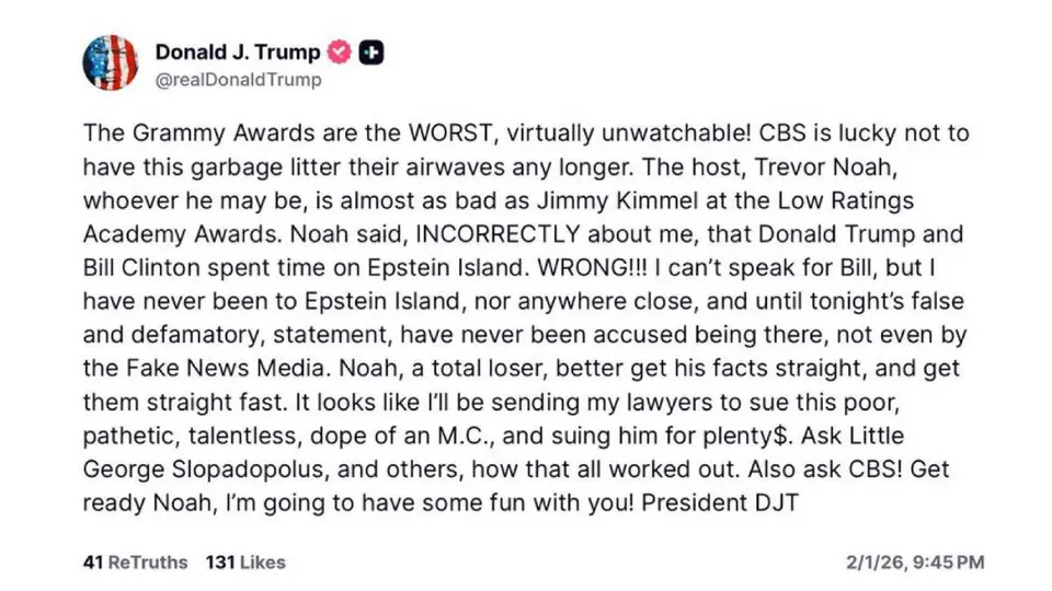 Este fue el mensaje que publicó Trump después de los Premios Grammy/Truth Social