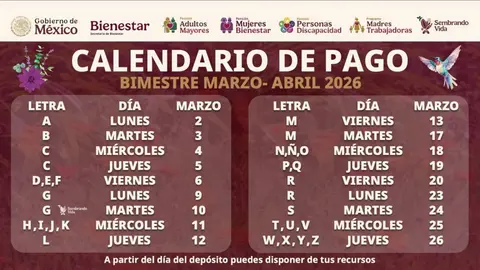 Se dio a conocer el calendario oficial de los pagos de las Pensiones del Bienestar para marzo-abril/Secretaría del Bienestar