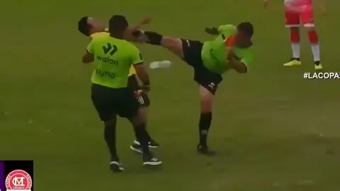 Insólito: Árbitro noquea a un auxiliar técnico con patada a lo 'karate kid' en pleno partido