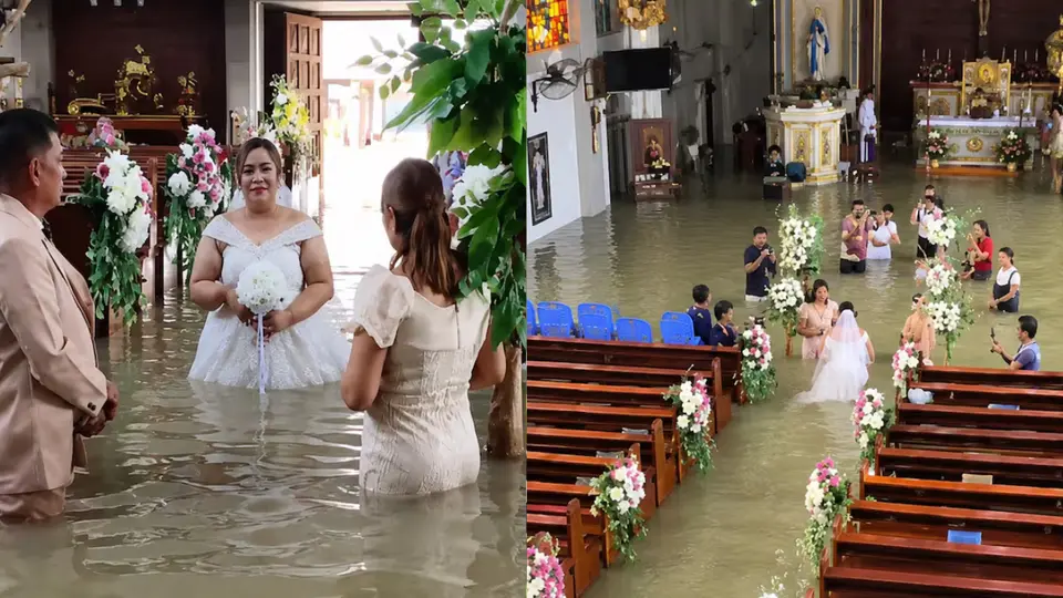 Ni la inundación los detuvo: pareja llega al altar y se casa en una iglesia bajo el agua