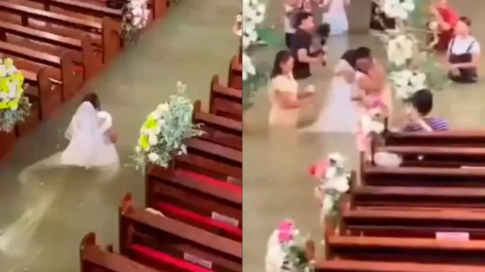 Las imágenes de los novios en la iglesia inundada se volvieron virales. / Redes