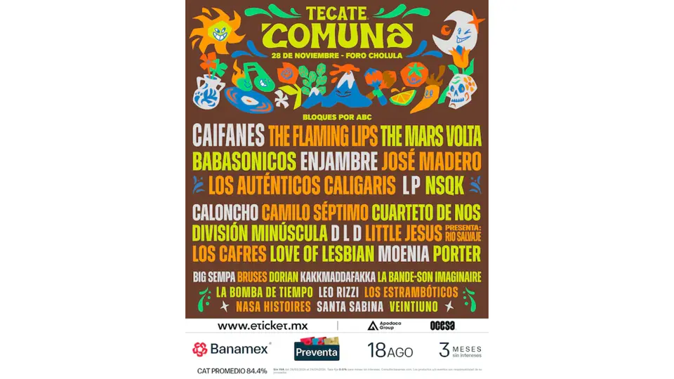 El Tecate Comuna 2026 reunirá a más de 30 artistas, entre ellos Caifanes, The Flaming Lips, The Mars Volta, Babasónicos, Enjambre y José Madero / Especial