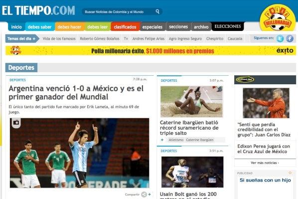 El Diario El Tiempo de Colombia fue discreto al titular la derrota del Tri: Argentina es el primer ganador del mundial