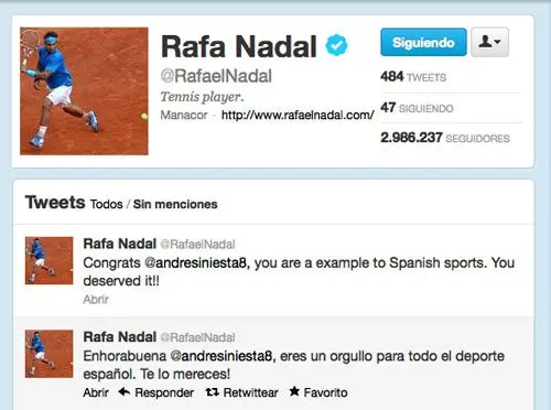 Nadal felicita a Iniesta por su premio UEFA