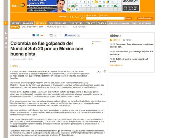 Terra de Colombia señala como 'golpe' la derrota de Colombia y destaca la actuación de México en la cancha