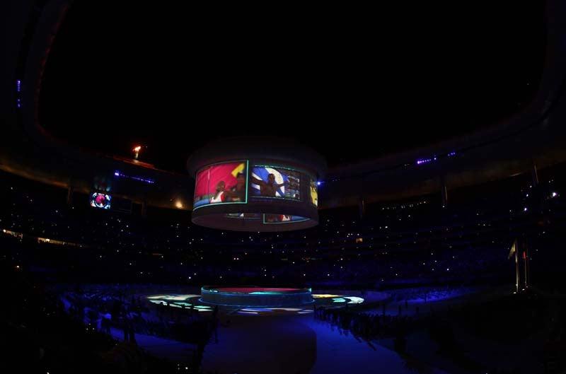 La pantalla central muestra imágenes de atletas que dejaron su huella en Guadalajara 2011. FOTO: BERNARDO MALDONADO
