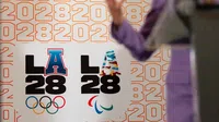 Logo de los Juegos Olímpicos de Los Angeles 2028 durante una conferencia de prensa del comité organizador del evento | AP