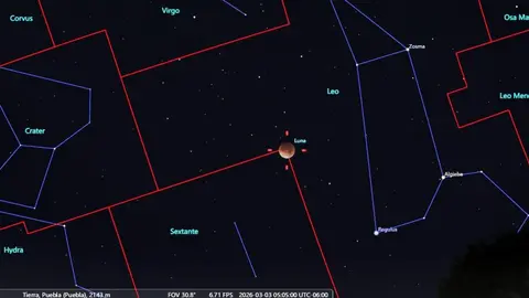 Simulación del eclipse total de Luna del 3 de marzo vista desde el centro de México. / UNAM / Instituto Nacional de Astrofísica, Óptica y Electrónica