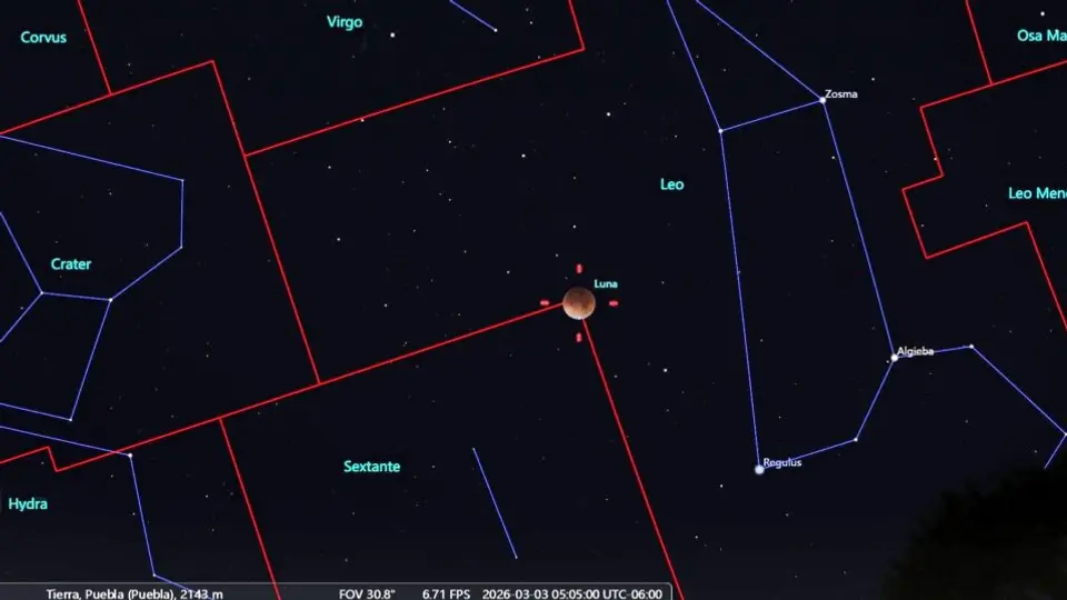 Simulación del eclipse total de Luna del 3 de marzo vista desde el centro de México. / UNAM / Instituto Nacional de Astrofísica, Óptica y Electrónica