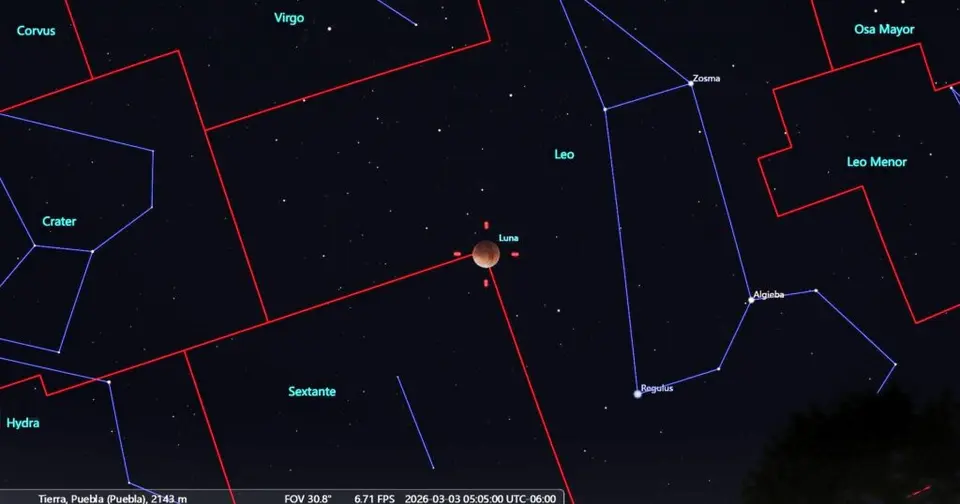 Simulación del eclipse total de Luna del 3 de marzo vista desde el centro de México. / UNAM / Instituto Nacional de Astrofísica, Óptica y Electrónica