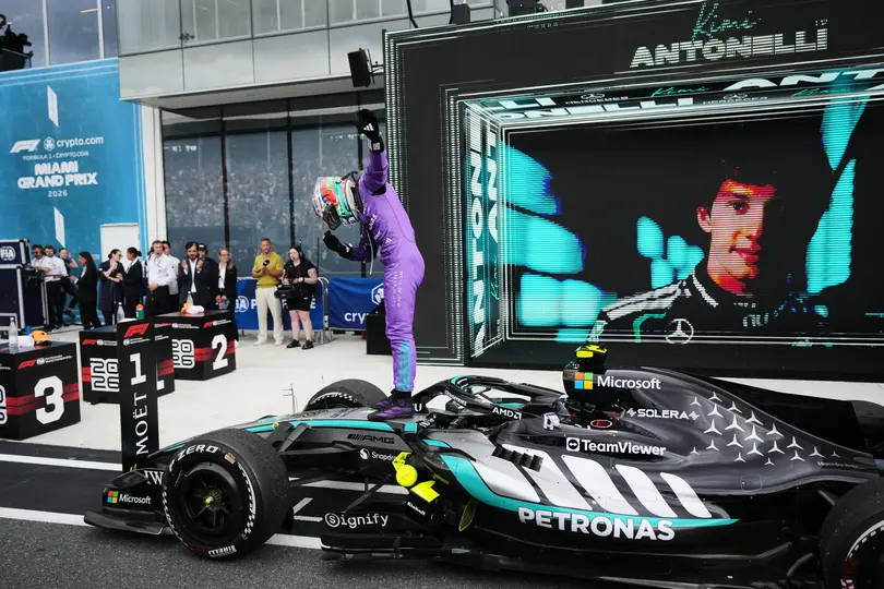 Antonelli celebrando el triunfo en Miami l AP