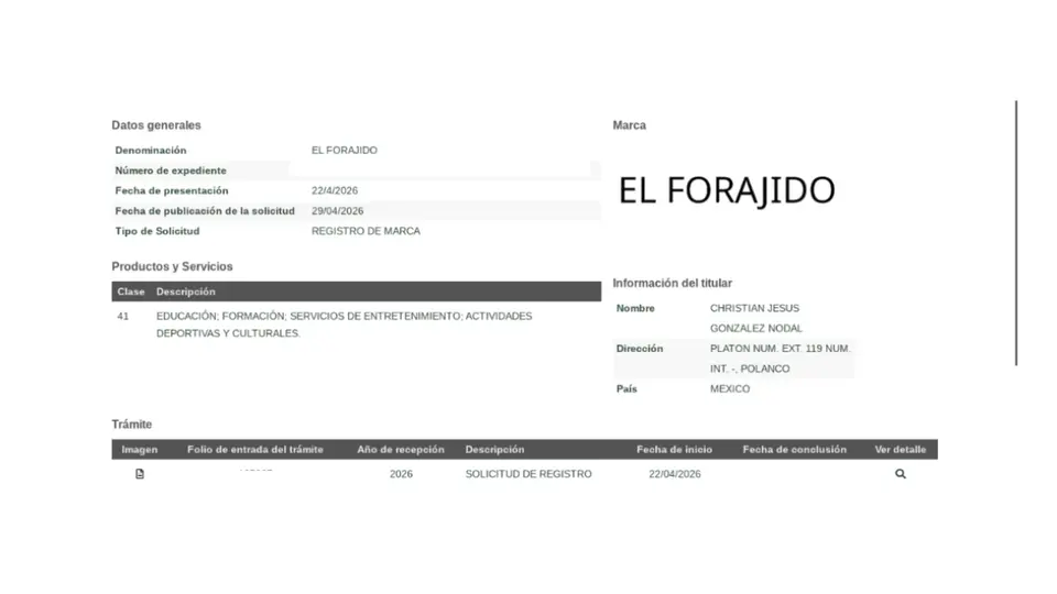 El trámite de “El Forajido” fue presentado el 22 de abril de 2026 ante el IMPI./ Tv Notas