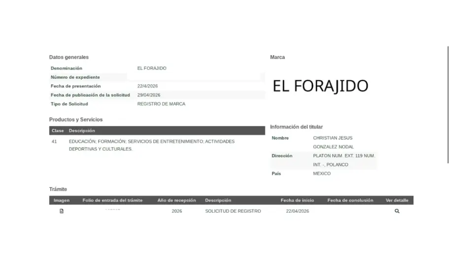 El trámite de “El Forajido” fue presentado el 22 de abril de 2026 ante el IMPI./ Tv Notas