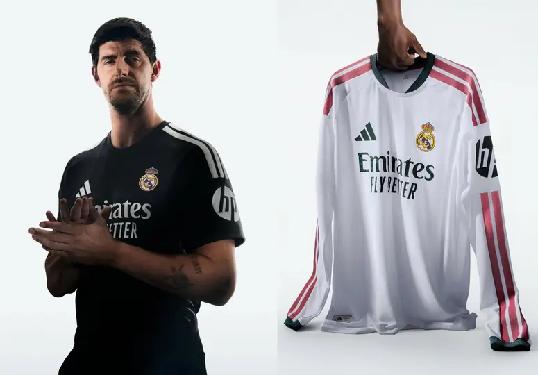 Courtois con la nueva equipación de portero y el jersey de jugadores de Real Madrid |  INSTAGRAM: @realmadrid