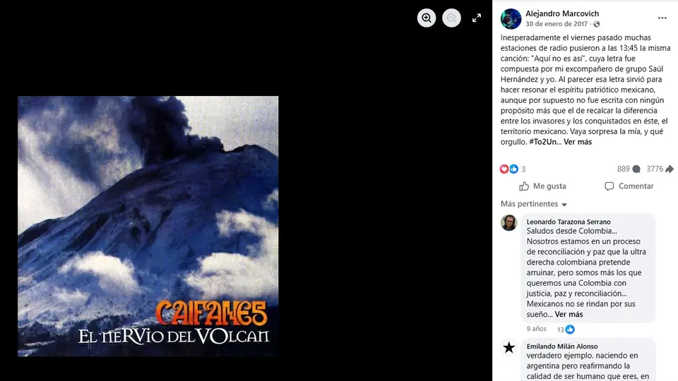 Publicación de Alejandro Marcovich en Facebook en 2017 | CAPTURA DE PANTALLA FACEBOOK