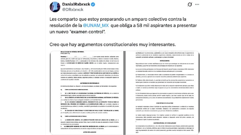 El recurso legal solicita suspender cualquier medida que condicione el ingreso al ciclo escolar 2026-2027 a una nueva evaluación./ Captura de pantalla