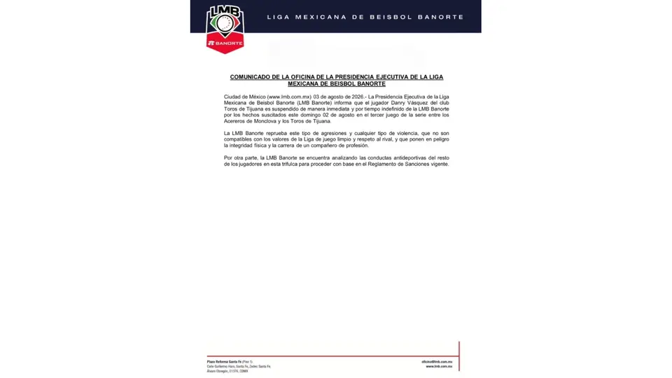 Comunicado de la Liga Mexicana de Beisbol | X: @LMBBanorte