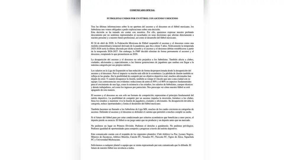 Comunicado de  "Futbolistas Unidos por un Futbol con Ascenso y Descenso"