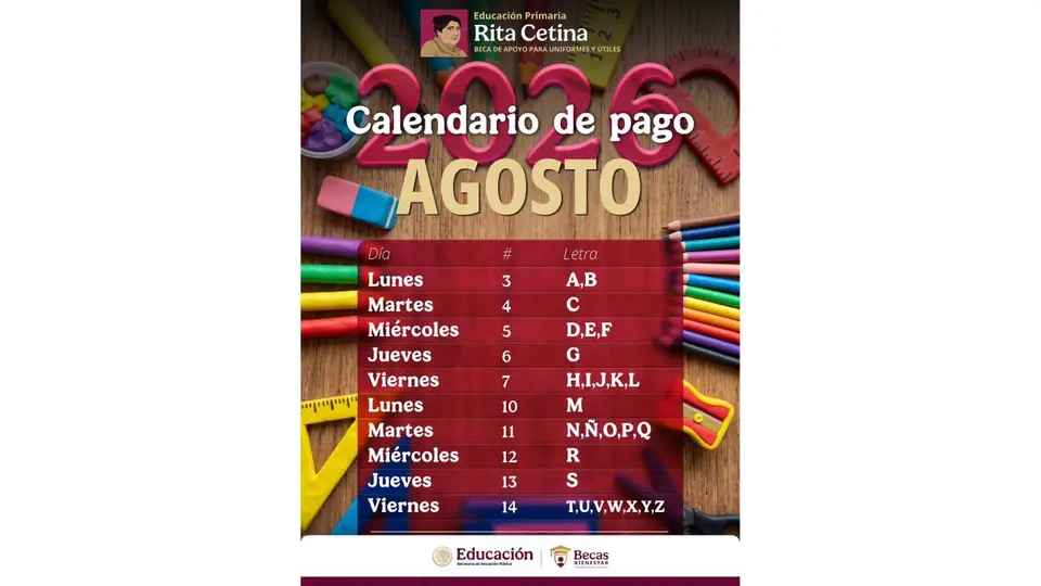 El calendario oficial de pagos estará vigente del 3 al 14 de agosto, con fechas asignadas de acuerdo con la inicial de la CURP de cada beneficiario./ FB: Julio León