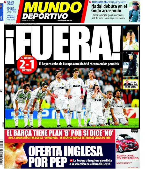 Mundo Deportivo hace énfasis en la derrota del Real Madrid ante el Bayern. FOTO: Mundo Deportivo