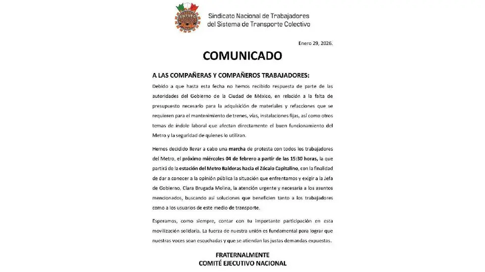 Este es el comunicado que lanzó el Sindicato para dar a conocer su movilización/X: @LupitaJuarezH