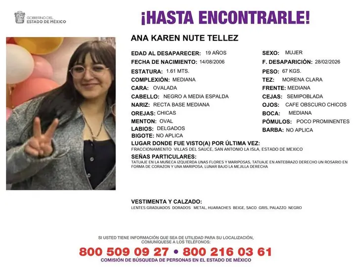 Ana Karen fue reportada como desaparecida el 28 de febrero en San Antonio la Isla tras abordar un mototaxi./ X