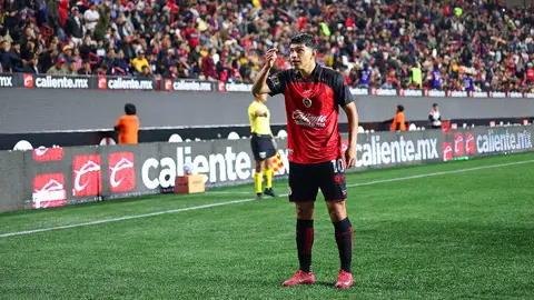 Kevin Castañeda, de Xolos, en festejo de gol ante Tigres en el Clausura 2026 | IMAGO7