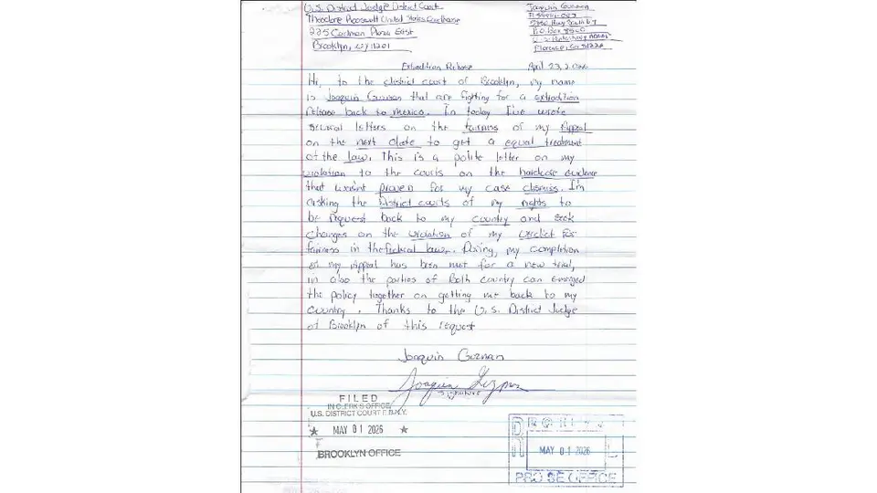 Esta es la carta que el Chapo envió a la Corte para pedir que lo extraditen a México