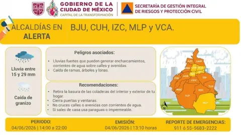 Protección Civil activó alertas preventivas ante el pronóstico de tormentas acompañadas de actividad eléctrica y posible caída de granizo./ X