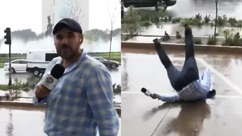 VIDEO: Reportero se cae en vivo mientras alertaba los peligros de la lluvia ¡plop!