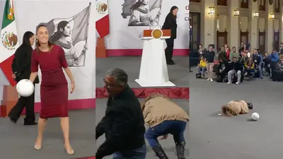 ¡Cabezazo de Moisés! Reportera sufre aparatosa caída en La Mañanera por ganar un balón / VIDEO