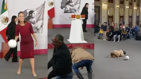 ¡Cabezazo de Moisés! Reportera sufre aparatosa caída en La Mañanera por ganar un balón / VIDEO