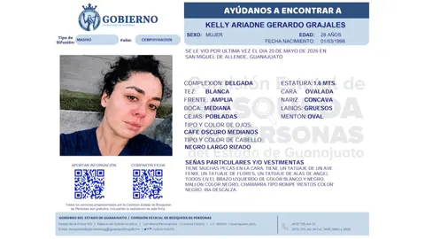 Kelly Ariadne Gerardo Grajales fue vista por última vez el 20 de mayo de 2026 en San Miguel de Allende, Guanajuato./ RS