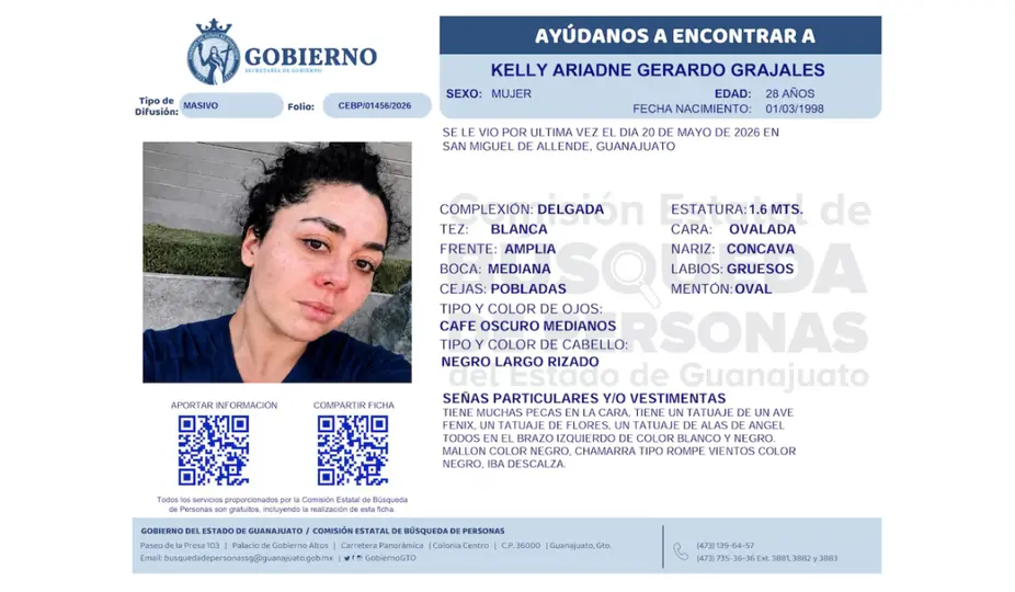 Kelly Ariadne Gerardo Grajales fue vista por última vez el 20 de mayo de 2026 en San Miguel de Allende, Guanajuato./ RS