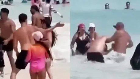 VIDEO: Agrede a su esposa frente a decenas de turistas y termina golpeado en la playa