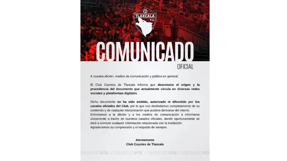 Comunicado de Coyotes al respecto de dicho documento | X: @Coyotes_Oficial