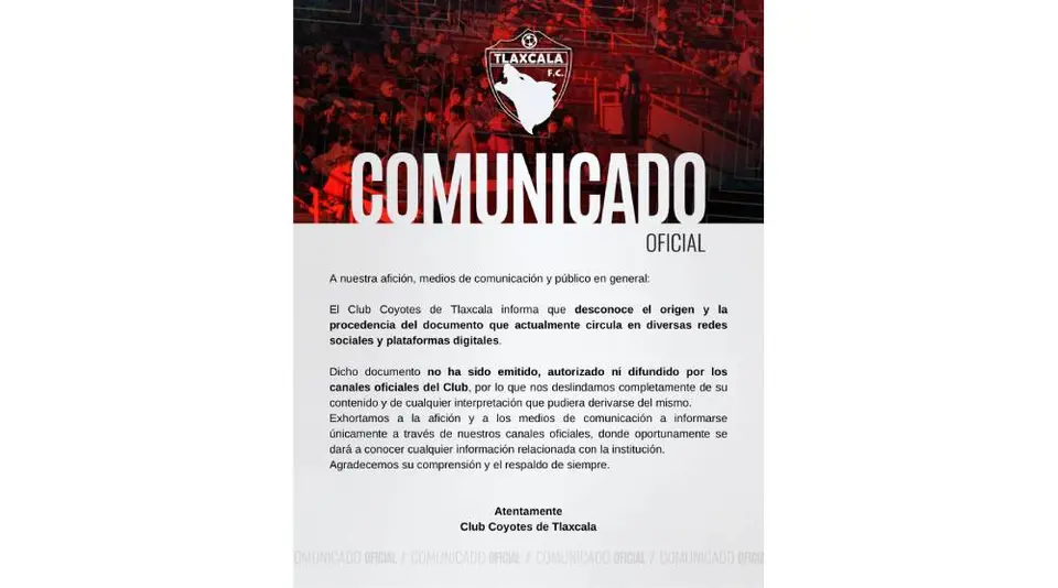 Comunicado de Coyotes al respecto de dicho documento | X: @Coyotes_Oficial